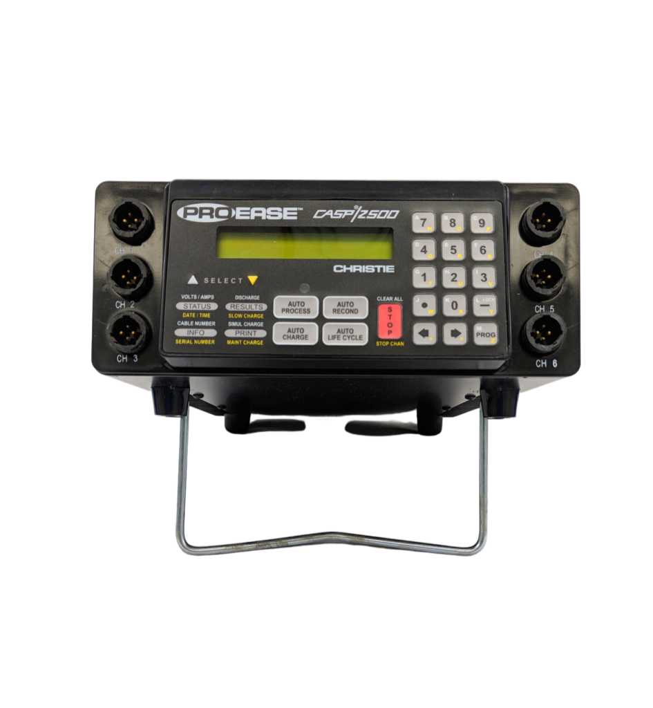 The CASP/2500H Universal Battery Support System performs all of the advanced battery support functions of the CASP/2000, but with expanded battery processing capabilities and the latest internal firmware. Functions include fast charge, slow charge, discharge, analyze, recondition and maintenance charge. Rated at up to 10 amps and 78 volts with six output channels, the CASP/2500H can process a wide variety of batteries automatically while generating detailed battery servicing reports via

a built-in RS-232 serial output port. The CASP/2500 is ideally suited for military, aerospace, aviation and critical battery analysis applications. The CASP/2500 is delivered complete with a serial printer kit or TD-750 Computer Interface Software and six standard Battery Interface Cables. Optional items include our popular CASP Printer Emulator Program AB910E which automatically captures the CASP battery servicing report via PC. Up to 8 CASP units may be connected to a single PC using this software application.