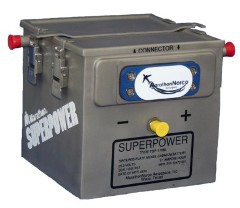 The TSP-408L-1 is a 20-cell SUPERPOWER® battery, with a nominal voltage of 25.2 volts, a nominal capacity of 40 Ah and weighs a maximum 76.5 pounds.  The Marathon Super Power  battery is a greatly improved nickel-cadmium (Ni-Cd) battery that features:

 	High porosity sintered carbonyl Nickel electrodes utilizing a Nickel-Steel foil substrate for improved current collection and increased cell reliability.
 	Long life, durable micro porous polypropylene gas barrier membrane of proven durability in hot oxidizing environment has eliminated the classic “Thermal Run-a-way” problem with early Nickel Cadmium batteries.
 	Long life, durable microfiber polypropylene fabric on both sides of the gas barrier provide superior wicking action that enables the electrolyte conductivity to remain high even if the electrolyte level is below the top of the electrodes.
 	Ternary electrolyte solution is specifically formulated to provide excellent cell performance over a wide range of temperatures.
 	Redundant temperature sensors that can be used to disable battery charging or alert crew of increased battery temperature
 	Stainless Steel battery case and cover assembly that withstands corrosion.