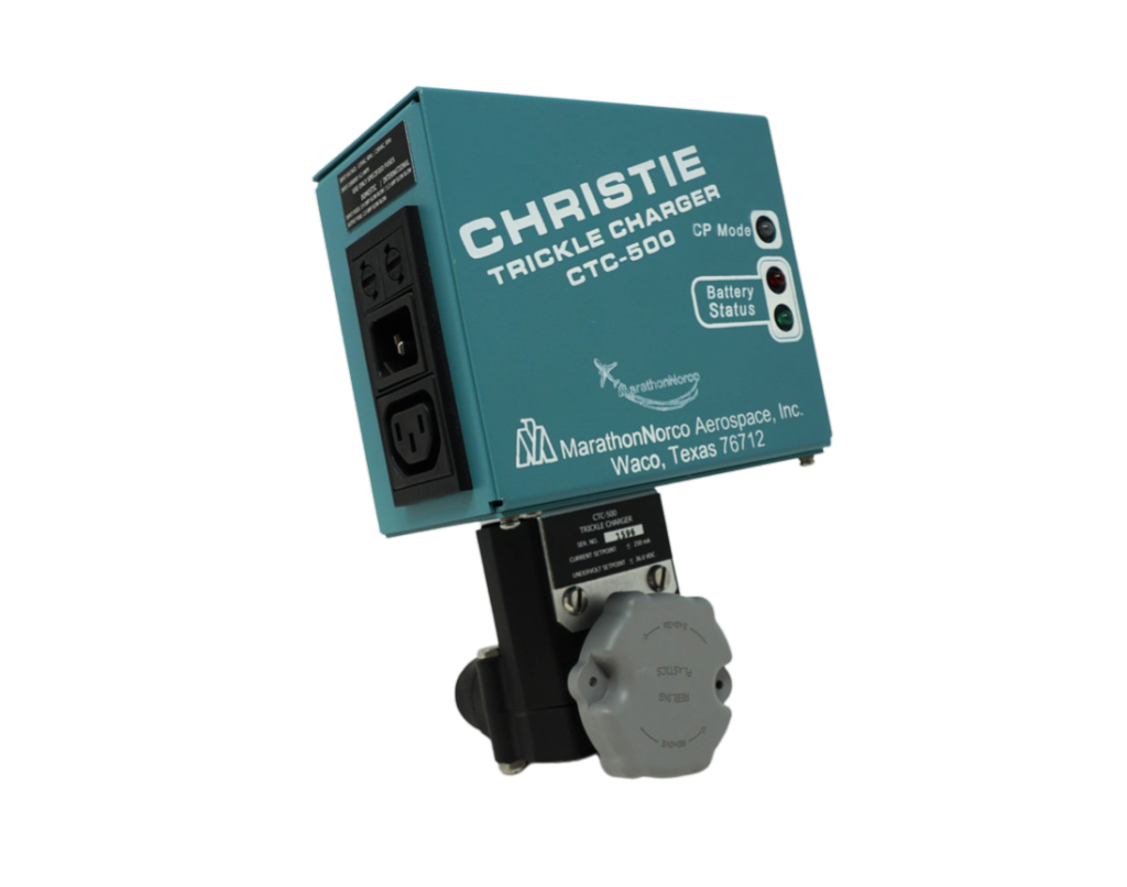 The Christie Trickle Charger (CTC)-500 is specifically designed to trickle charge vented Nickel Cadmium and Sealed Lead Acid aircraft batteries. In Constant Current Mode the charger can be configured to the Nickel Cadmium battery manufacturer’s recommended trickle charge rates or switched over to Constant Potential Mode for a Lead Acid battery. A regulated current and undervoltage set-point allows full battery capacity to be maintained while the battery is on the shelf. The CTC-500 has a European line voltage selector switch, which allows the charger to plug into 115VAC or 230VAC input power. This trickle charger is capable of handling the entire range of both Marathon’s Standard Super Power and new Micro Maintenance battery products. The CTC-500 is available through a Christie Authorized Distributor. Complete with a user manual, the CTC-500 begins trickle charging the battery when connected to an AC power outlet. The manual addresses the set-up procedure for different Amp Hour batteries. This procedure can be performed at MarathonNorco Aerospace when ordered.

Christie Trickle chargers can be used to extend the active (charged) storage life of a Nickel Cadmium battery from 90 days to as much as one year. This saves operators money on batteries that time out and have to be serviced prior to being installed on the aircraft. The trickle charger provides a low, precise constant current charge that overcomes the battery’s natural rate of self-discharge. Batteries connected to a Christie Trickle charger can be removed from storage and placed directly into service without any additional charging making it a valuable tool for operators managing their spares pool